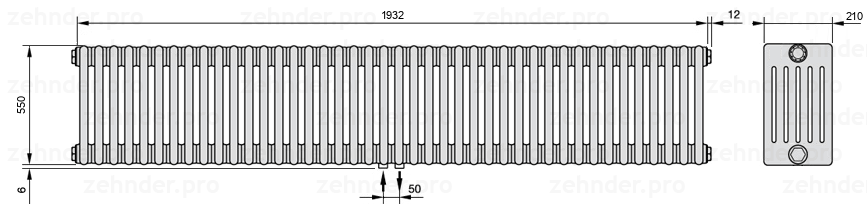 Схема (чертеж) Радиатор Zehnder Charleston 6055/42 №3470 Белый глянцевый RAL 9016